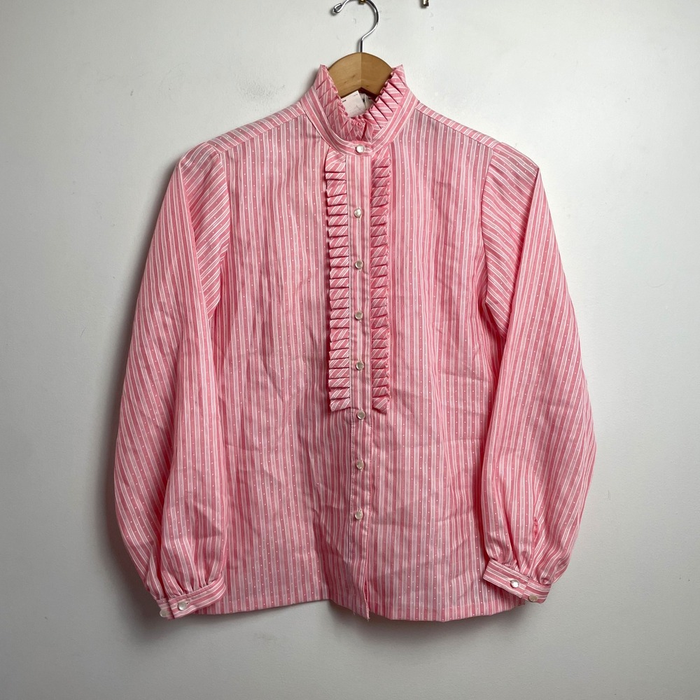Vintage Pink Stripe Swiss Dot Ruffle Neck Blouse Medium Victorian Retro